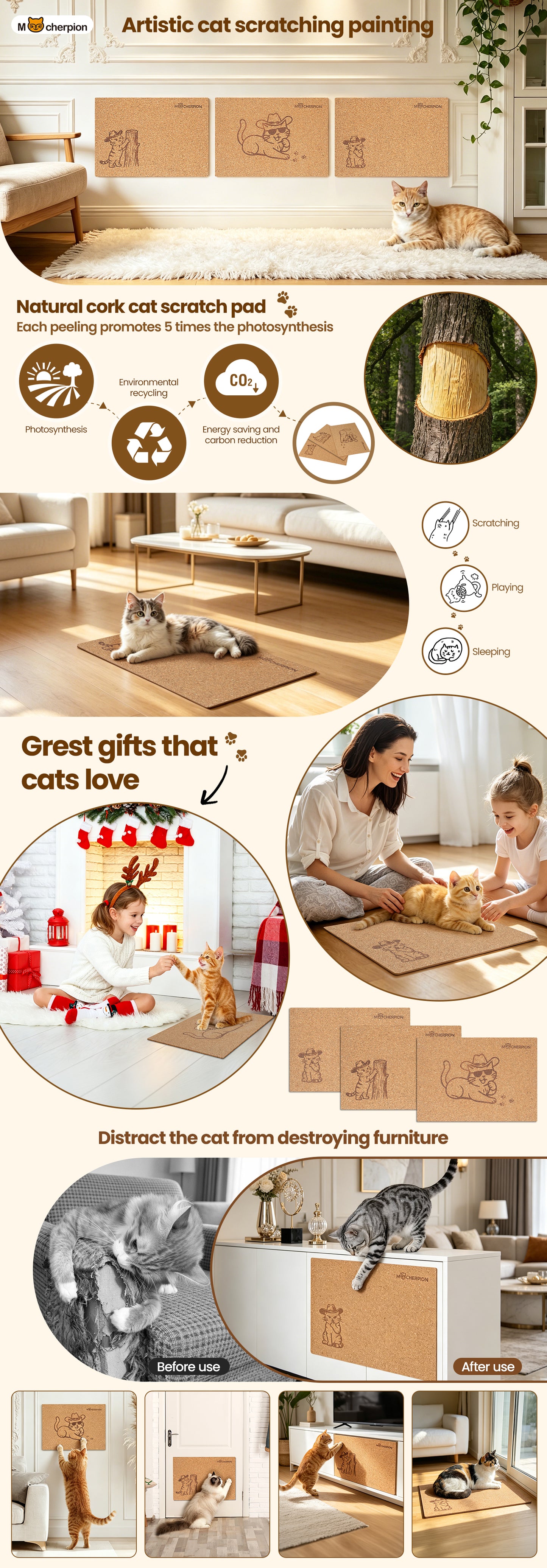 Natural Cork Cat Scratch Art, 3Pcs Premium Cat Scratching Pad, Durable Cat Scratcher for Indoor Cats