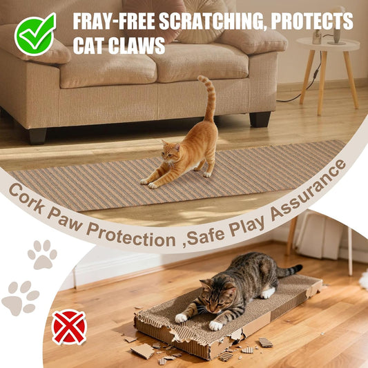 Natural Cork Dual-Texture Cat Scratch Pad Rug - Furniture/Couch/Sofa/Wall/Post Protector | Cut-to-Fit Stretching Mat Indoor Kitty Gift | Brown