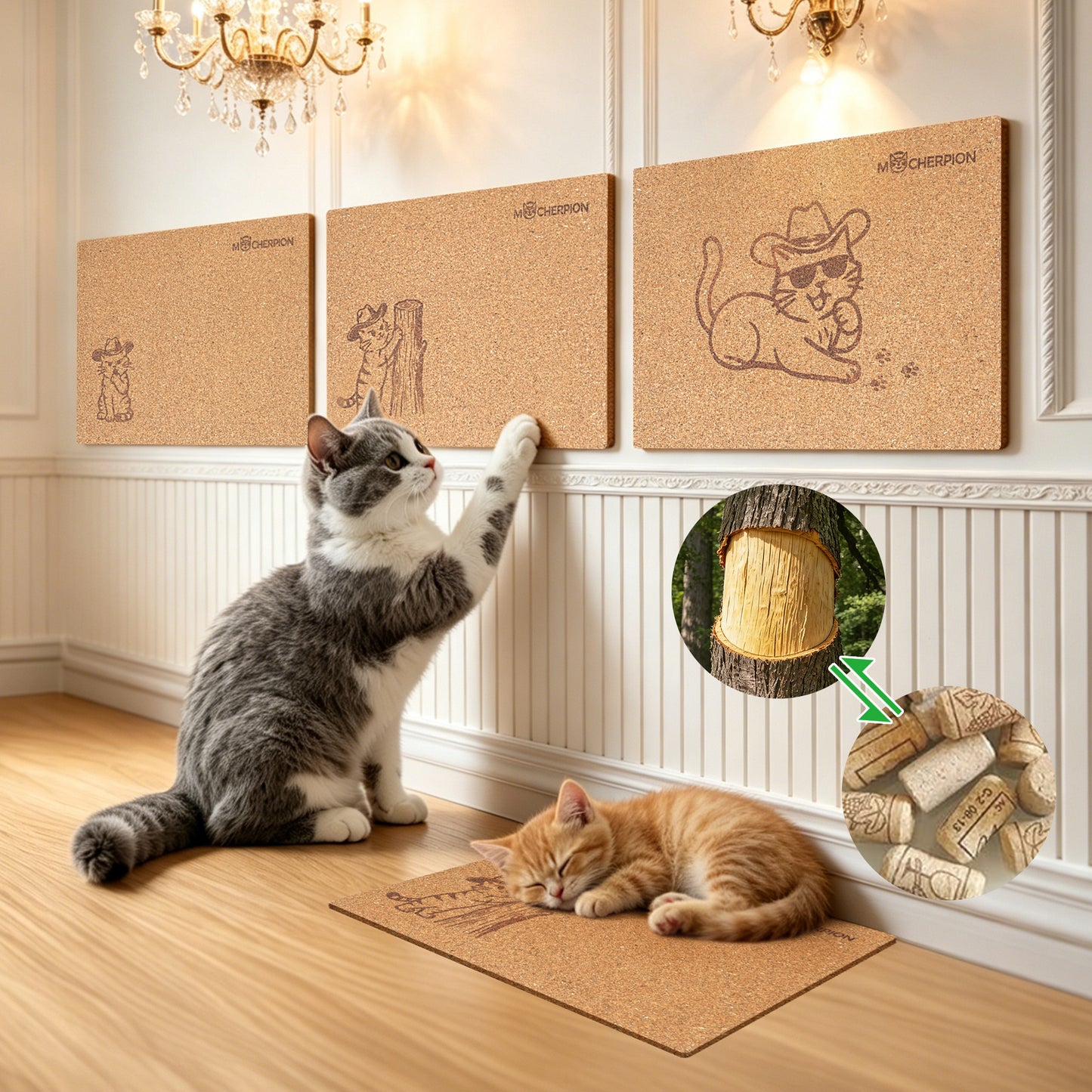 Natural Cork Cat Scratch Art, 3Pcs Premium Cat Scratching Pad, Durable Cat Scratcher for Indoor Cats