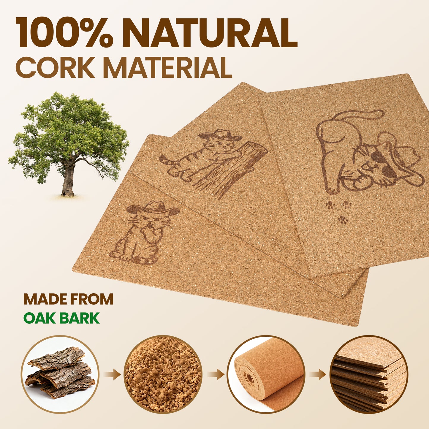 Natural Cork Cat Scratch Art, 3Pcs Premium Cat Scratching Pad, Durable Cat Scratcher for Indoor Cats