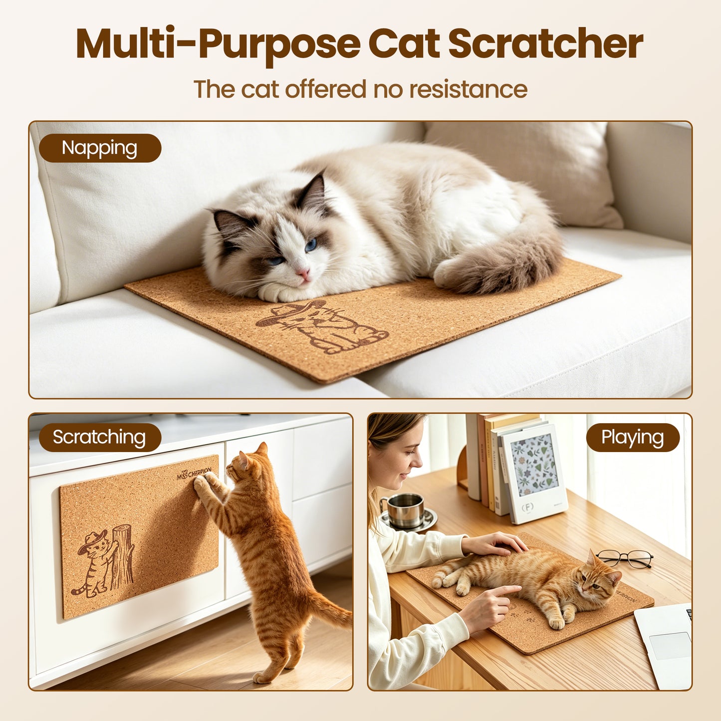 Natural Cork Cat Scratch Art, 3Pcs Premium Cat Scratching Pad, Durable Cat Scratcher for Indoor Cats