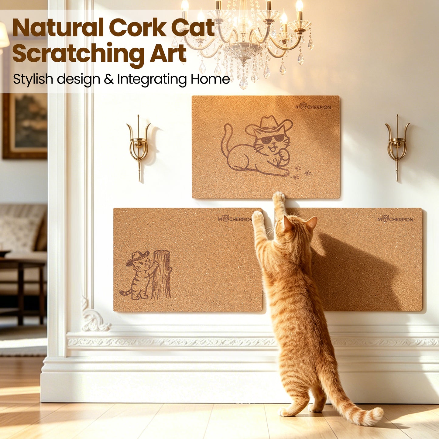 Natural Cork Cat Scratch Art, 3Pcs Premium Cat Scratching Pad, Durable Cat Scratcher for Indoor Cats