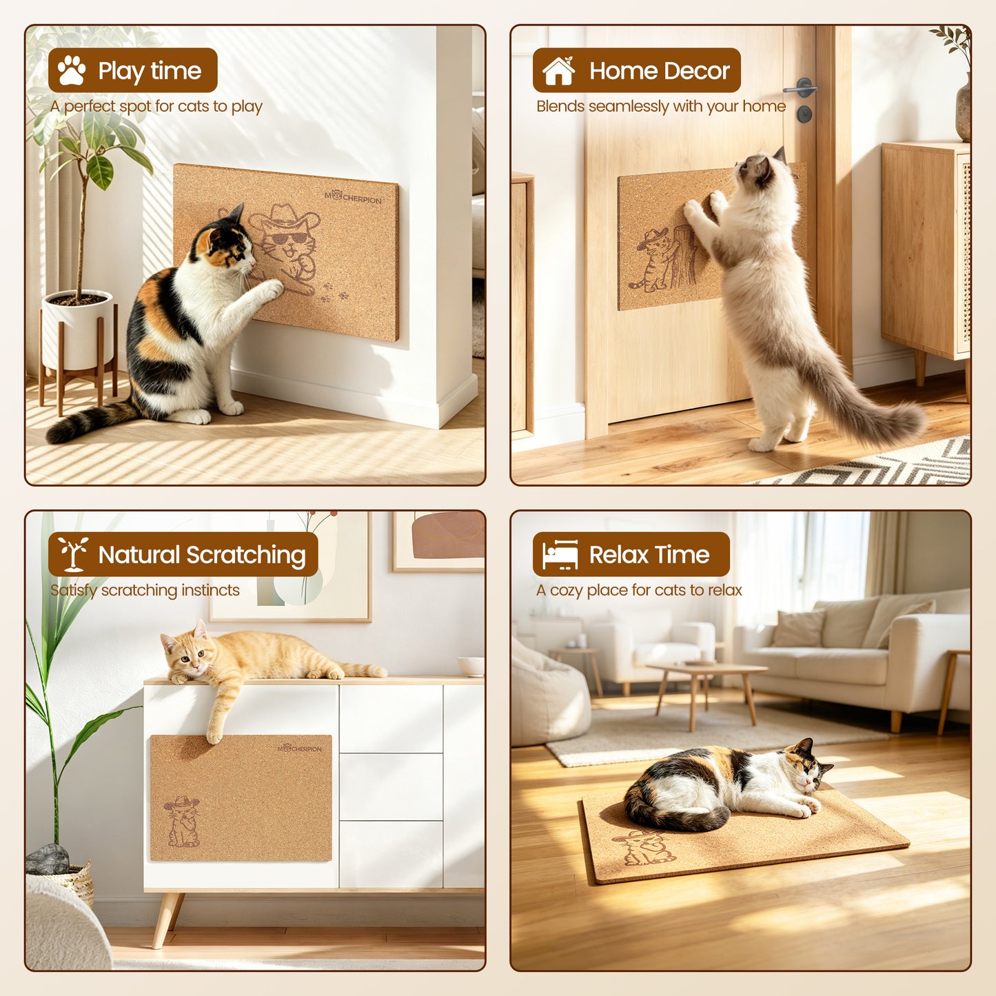 Natural Cork Cat Scratch Art, 3Pcs Premium Cat Scratching Pad, Durable Cat Scratcher for Indoor Cats