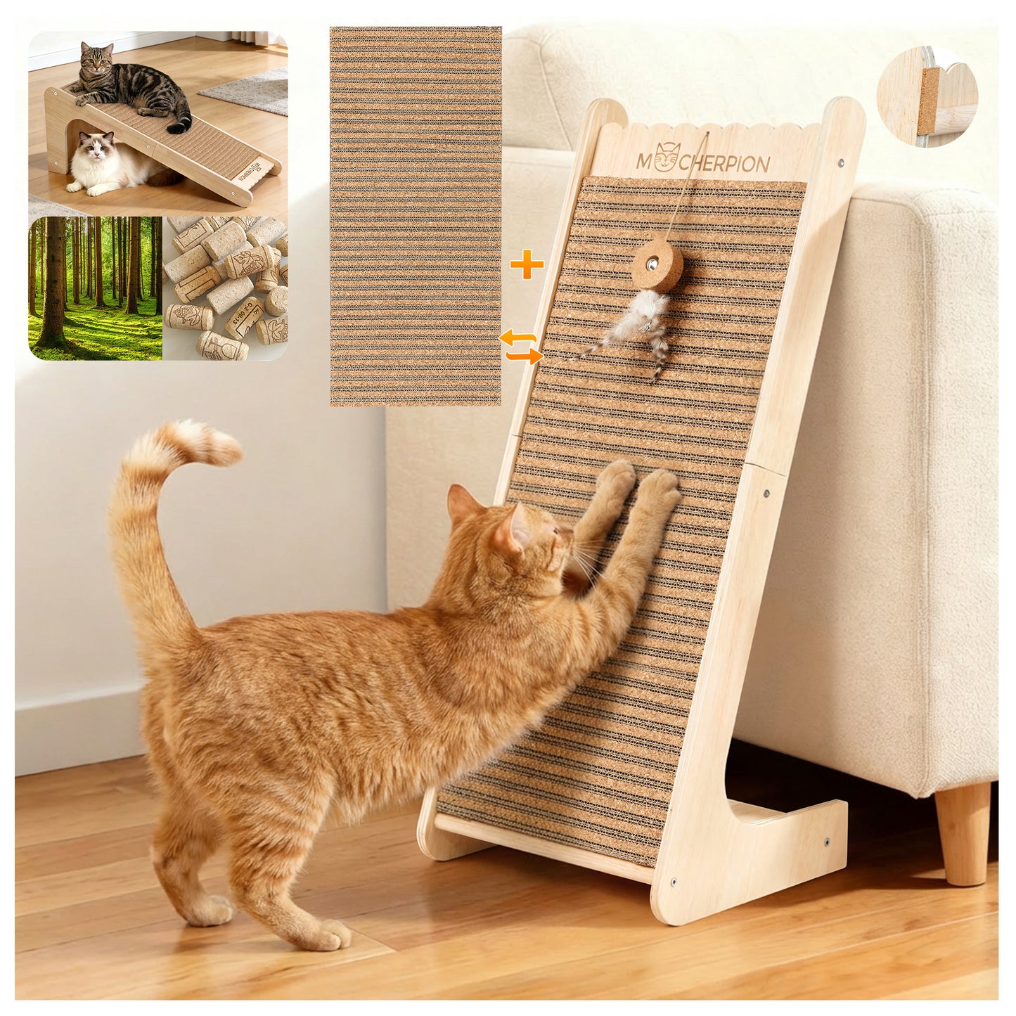 Mocherpion Natural Cork Replaceable Cat Scratcher - Mess-Free Eco-Friendly Indoor Scratch Pad