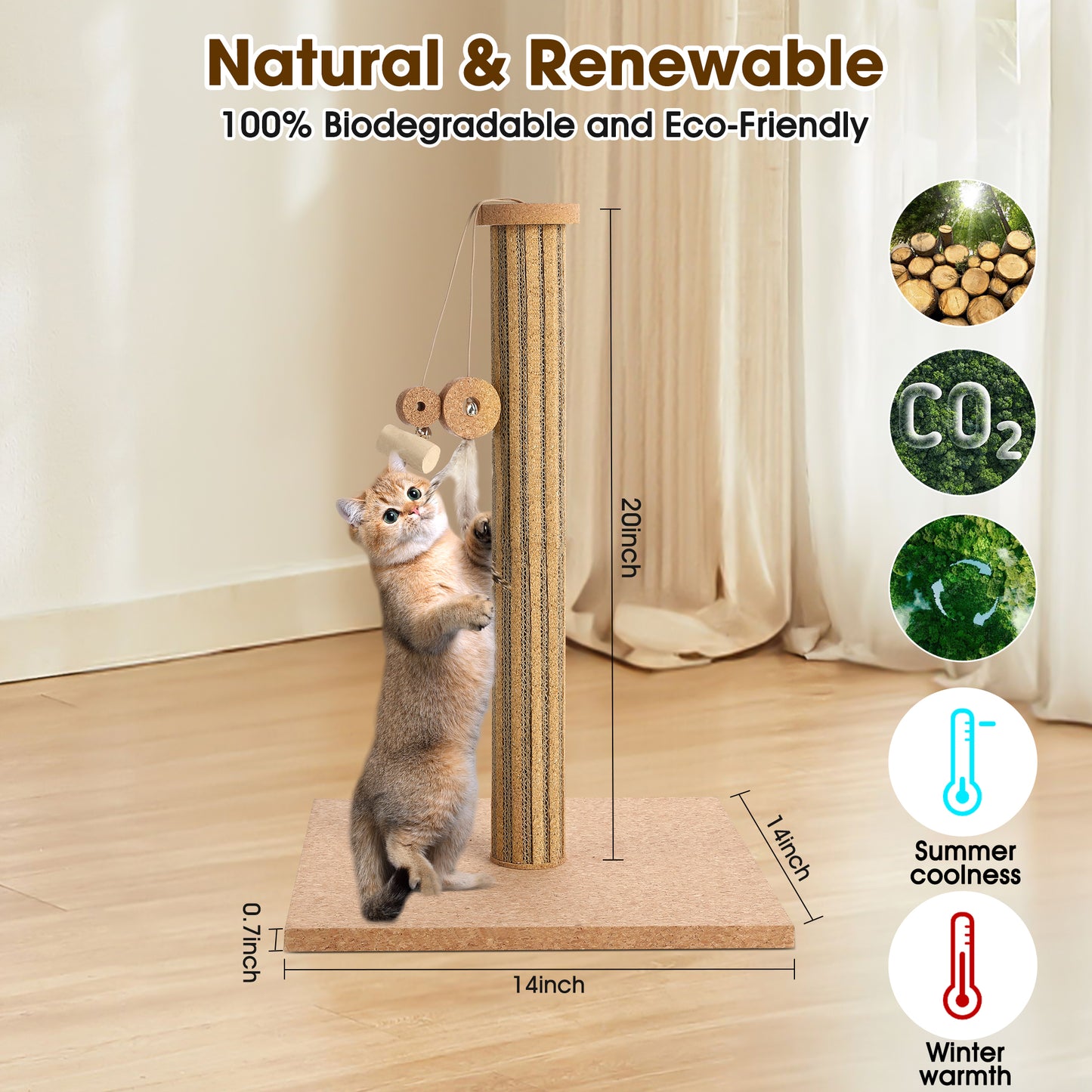 Natural Cork Vertical Cat Scratching Post - Eco-Friendly Home Decor with Feather Toy for Indoor Cats