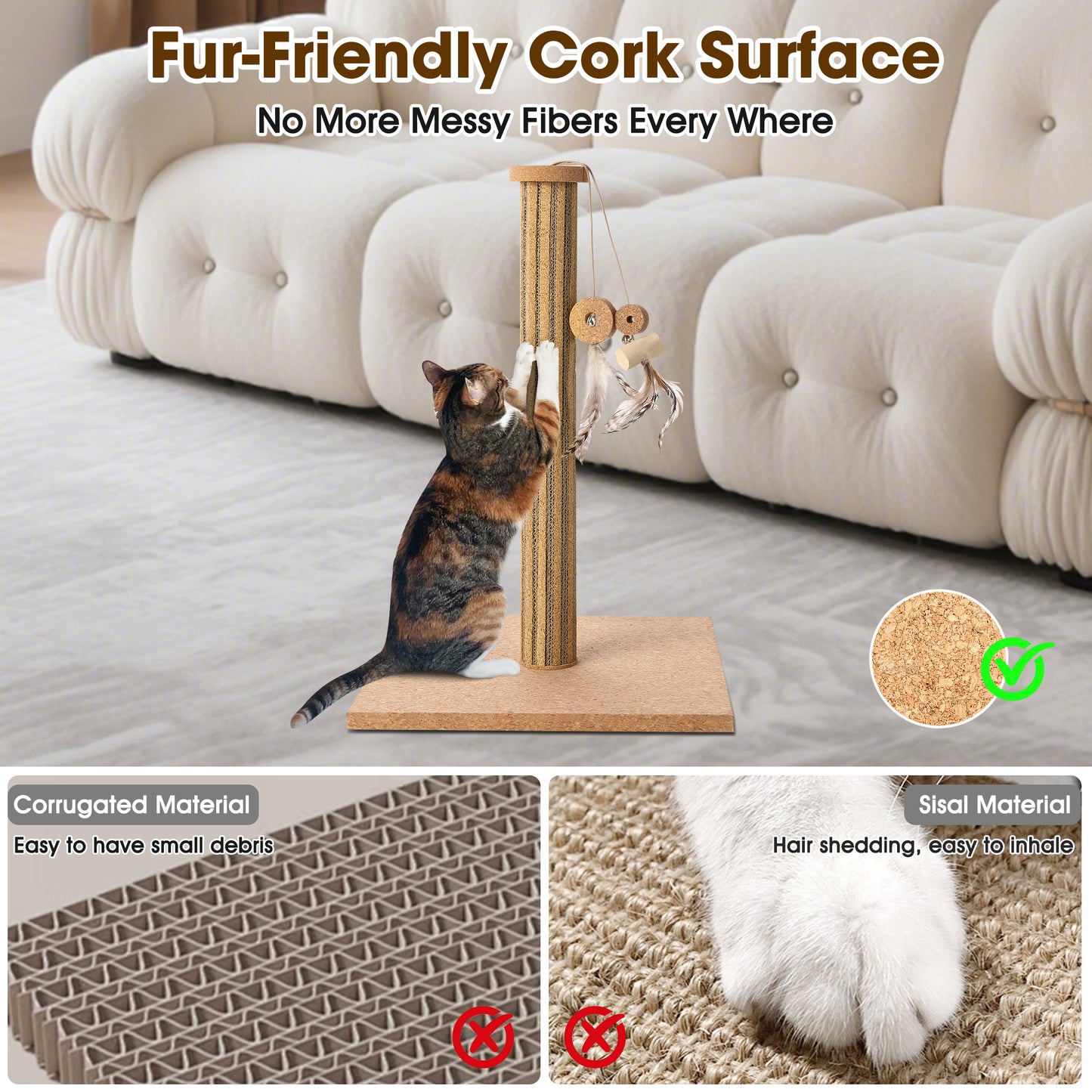 Natural Cork Vertical Cat Scratching Post - Eco-Friendly Home Decor with Feather Toy for Indoor Cats