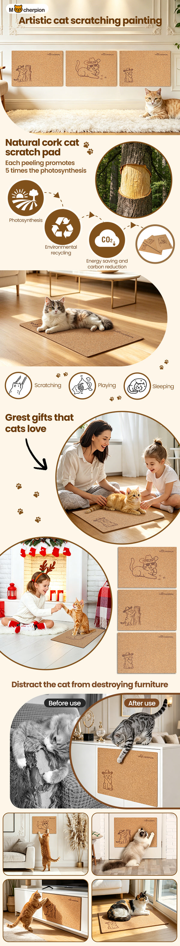 Natural Cork Cat Scratch Art, 3Pcs Premium Cat Scratching Pad, Durable Cat Scratcher for Indoor Cats