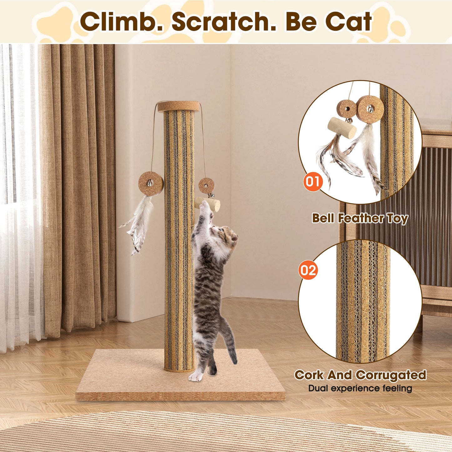 Natural Cork Vertical Cat Scratching Post - Eco-Friendly Home Decor with Feather Toy for Indoor Cats