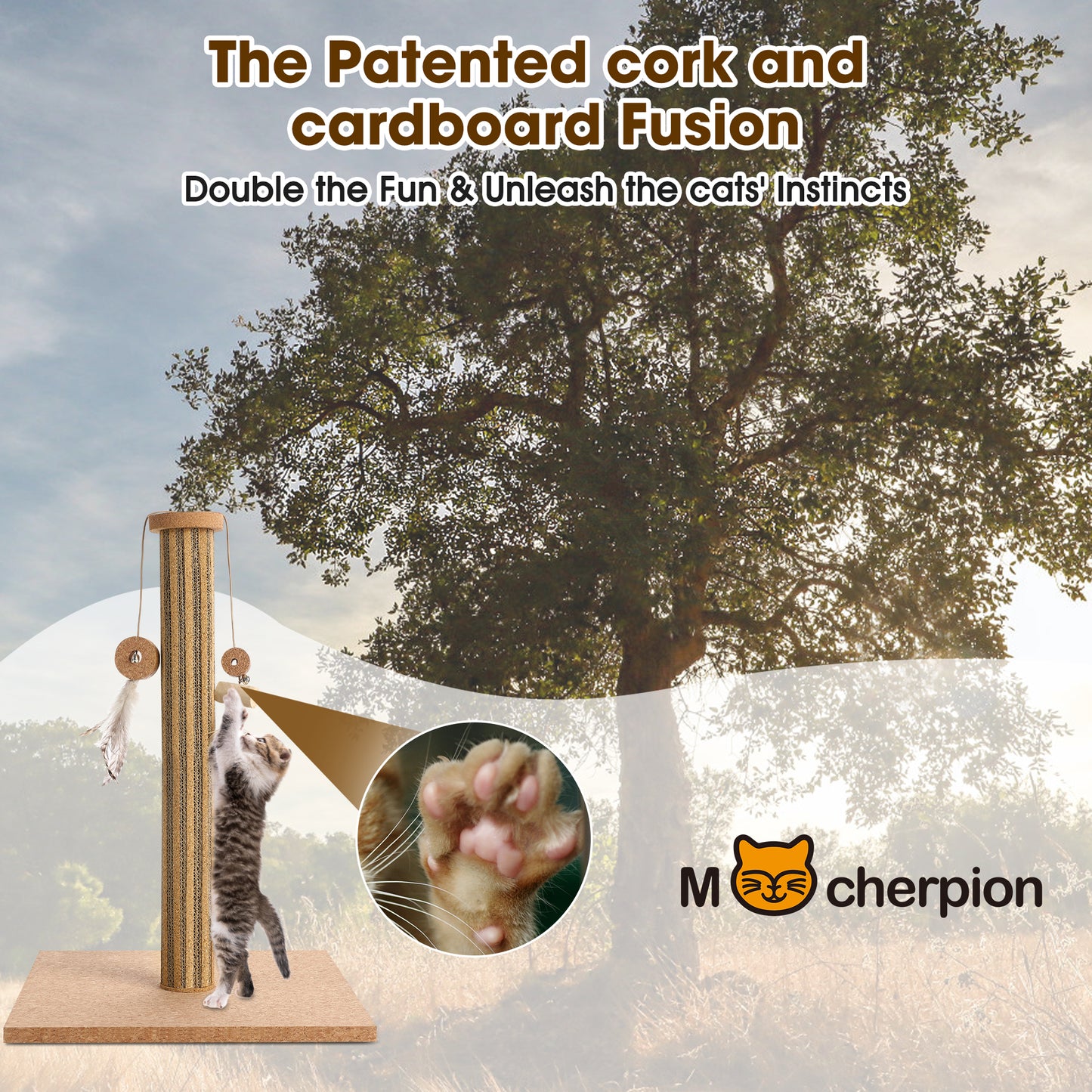 Natural Cork Vertical Cat Scratching Post - Eco-Friendly Home Decor with Feather Toy for Indoor Cats