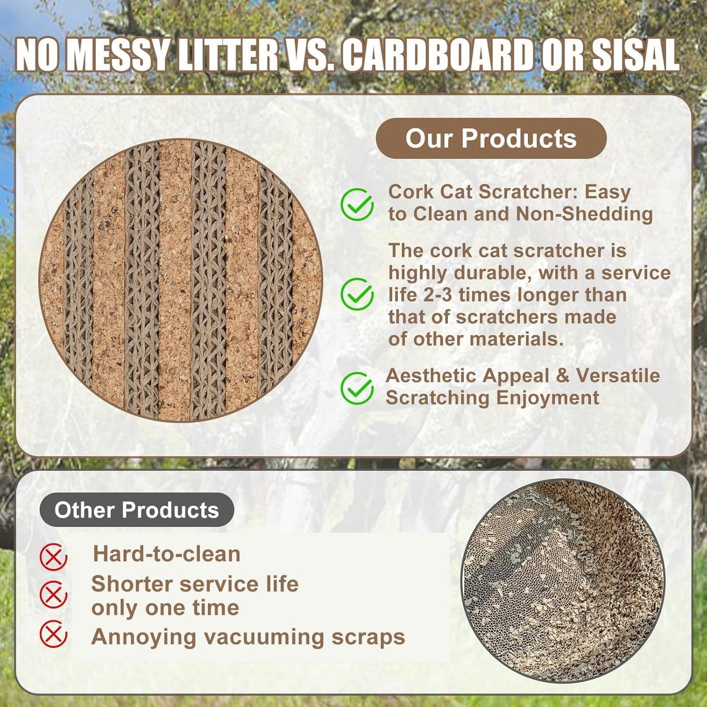 Natural Cork Dual-Texture Cat Scratch Pad Rug - Furniture/Couch/Sofa/Wall/Post Protector | Cut-to-Fit Stretching Mat Indoor Kitty Gift | Brown