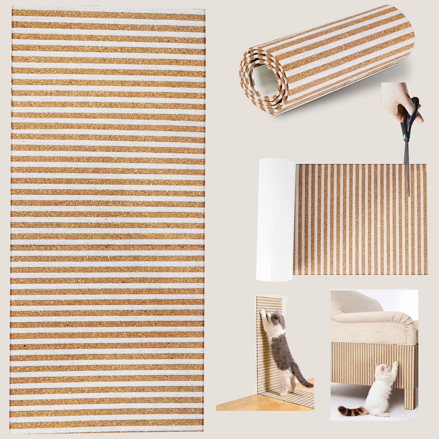 Upgraded Natural Cork Cat Scratch Mat Rug - Dual Texture Sofa Furniture Protector for Indoor Cats | White